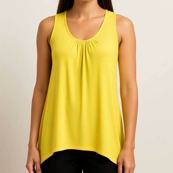 Slinky Brand Yellow Gathered Scoop Neck Tunic Tank Women’s Sz Small Asymmetrical - Picture 1 of 14
